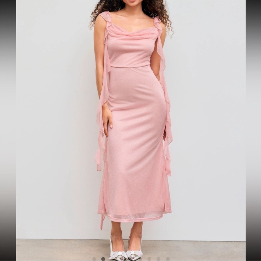 Soft Pink Ruffled Sequins Slip Dress